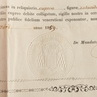 Reliquary - Relic Ex Ossibus Sancta Severinae Martyris. With Original Document en Brass / Glass / Wax Seal, Belgium  19 th century ( Anno 1859 )
