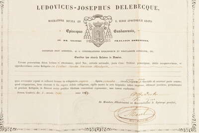 Reliquary - Relic Ex Ossibus Sancta Severinae Martyris. With Original Document en Brass / Glass / Wax Seal, Belgium  19 th century ( Anno 1859 )