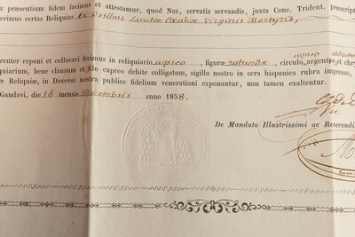 Reliquary - Relic Ex Ossibus Sanctae Caeciliae Virginis Martyris With Original Document en Brass / Glass / Wax Seal, Belgium  19 th century