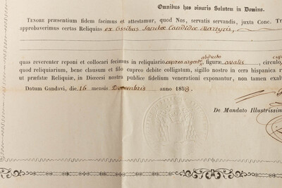Reliquary - Relic Ex Ossibus Sanctae Candidae Martyris With Orignal Document en Silver / Glass / Originally Sealed, Belgium  19 th century