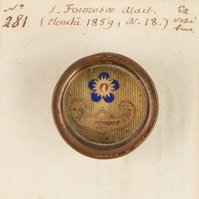 Reliquary - Relic Ex Ossibus Sanctae Formosae Martyris With Original Document en Brass / Glass / Wax Seal, Belgium  19 th century