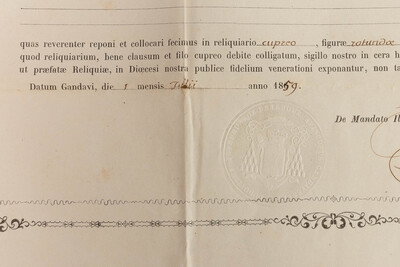 Reliquary - Relic Ex Ossibus Sanctae Severae Martyris With Original Document en Brass / Glass / Wax Seal, Belgium  19 th century