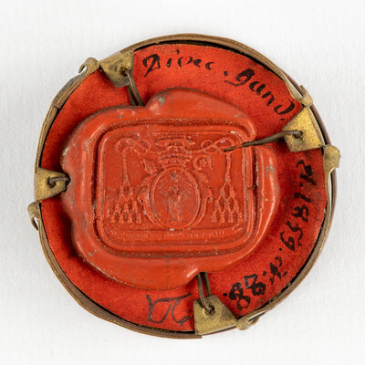 Reliquary - Relic  Ex Ossibus Sancti Bavonis Confessoris With Original Document en Brass / Glass / Wax Seal, Belgium  19 th century