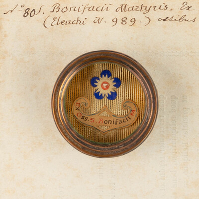 Reliquary - Relic Ex Ossibus Sancti Bonifacii Martyris  With Original Document en Brass / Glass / Wax Seal, Belgium  19 th century