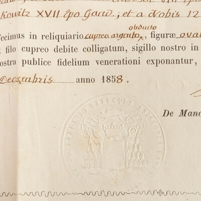 Reliquary - Relic Ex Ossibus Sancti Britii Infantis Martyris. With Original Document en Brass / Glass / Wax Seal, Belgium  19 th century ( Anno 1858 )