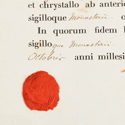 Reliquary - Relic Ex Ossibus Sancti Christophori. With Orignial Document en Brass / Glass / Wax Seal, Belgium  19 th century ( Anno 1858 )