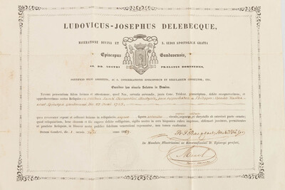 Reliquary - Relic Ex Ossibus Sancti Clementini Martyris. With Original Document en Brass / Glass / Wax Seal, Belgium  19 th century ( Anno 1859 )