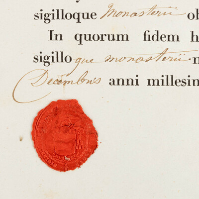 Reliquary - Relic Ex Ossibus Sancti Conrardi. With Original Document en Brass / Glass / Wax Seal, Belgium  19 th century ( Anno 1858 )