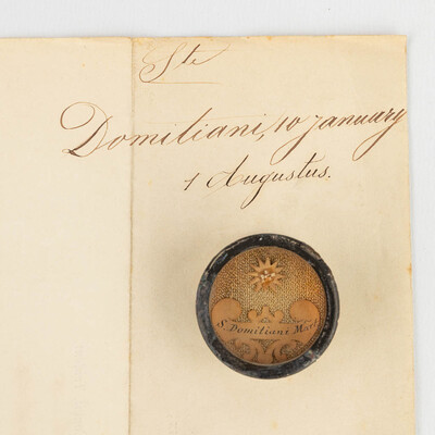Reliquary - Relic Ex Ossibus Sancti Domitiani Martyris. With Original Document en Brass / Glass / Wax Seal, Belgium  19 th century ( Anno 1851 )
