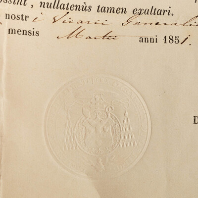 Reliquary - Relic Ex Ossibus Sancti Domitiani Martyris. With Original Document en Brass / Glass / Wax Seal, Belgium  19 th century ( Anno 1851 )