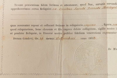 Reliquary - Relic Ex Ossibus Sancti Donati Martyris  With Original Document en Brass / Glass / Wax Seal, Belgium  19 th century