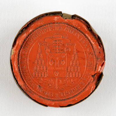 Reliquary - Relic Ex Ossibus Sancti Eligii Episcopus. With Original Document  en Brass / Glass / Wax Seal, Belgium  19 th century