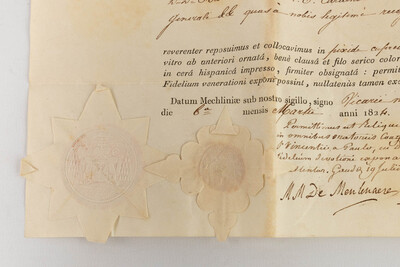 Reliquary - Relic Ex Ossibus Sancti Francisci Xaverii Confessoris  With Original Document en Brass / Glass / Wax Seal, Belgium  19 th century