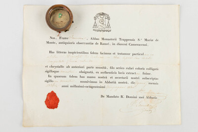 Reliquary - Relic Ex Ossibus Sancti Hyippolyti. With Original Docment en Brass / Glass / Wax Seal, Belgium  19 th century ( Anno 1858 )