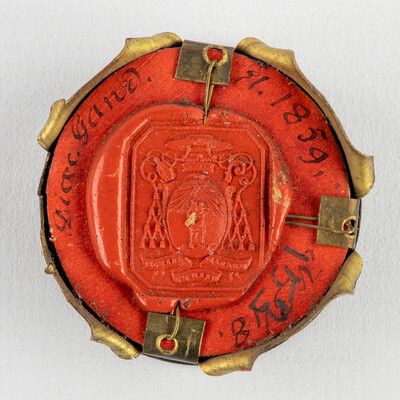 Reliquary - Relic Ex Ossibus Sancti Ludovici Regis. With Original Document en Brass / Glass / Wax Seal, Belgium  19 th century ( Anno 1859 )