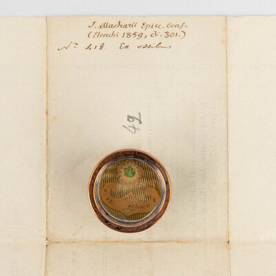 Reliquary - Relic Ex Ossibus Sancti Macharii Episcopi Confessoris. With Original Document en Brass / Glass / Wax Seal, Belgium  19 th century ( Anno 1859 )