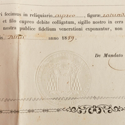 Reliquary - Relic Ex Ossibus Sancti Placidi Martyris. With Original Document en Brass / Glass / Wax Seal, Belgium  19 th century ( Anno 1859 )