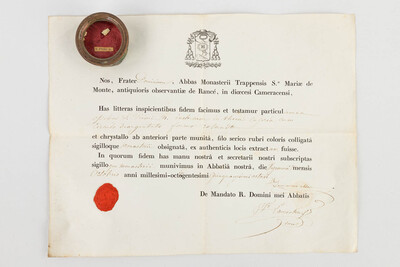 Reliquary - Relic Ex Ossibus Sancti Primi Martyr. With Original Document en Brass / Glass / Wax Seal, Belgium  19 th century ( Anno 1858 )