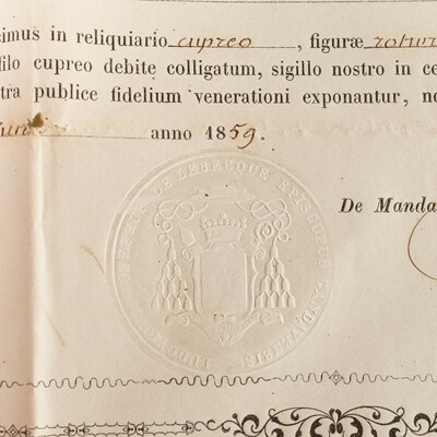 Reliquary - Relic Ex Ossibus Sancti Prosperi Martyris. With Original Document en Brass / Glass / Wax Seal, Belgium  19 th century ( Anno 1859 )