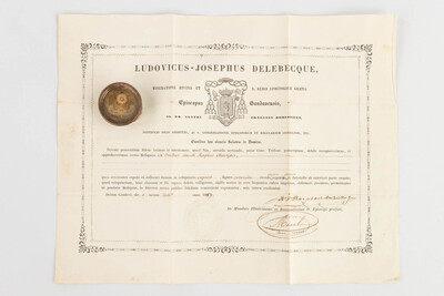 Reliquary - Relic Ex Ossibus Sancti Rufini Martyris. With Original Document en Brass / Glass / Wax Seal, Belgium  19 th century ( Anno 1859 )