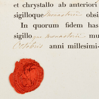 Reliquary - Relic Ex Ossibus Sancti Secundi Martyr. With Original Document en Brass / Glass / Wax Seal, Belgium  19 th century ( Anno 1858 )