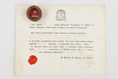 Reliquary - Relic Ex Ossibus Sancti Secundi Martyr. With Original Document en Brass / Glass / Wax Seal, Belgium  19 th century ( Anno 1858 )