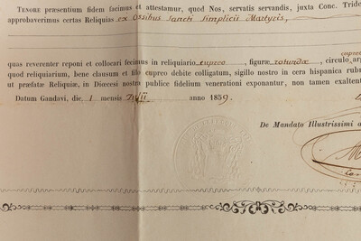 Reliquary - Relic Ex Ossibus Sancti Simplicii Martyris With Original Document en Brass / Glass / Wax Seal, Belgium  19 th century
