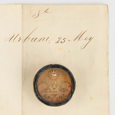 Reliquary - Relic Ex Ossibus Sancti Urbani Martyris. With Original Document en Brass / Glass / Wax Seal, Belgium  19 th century ( Anno 1851 )