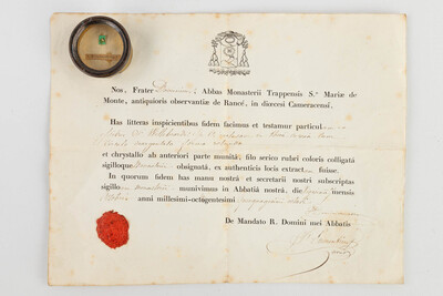 Reliquary - Relic  Ex Ossibus Sancti Willebrordi. With Original Document en Brass / Glass / Wax Seal, Belgium  19 th century ( Anno 1858 )
