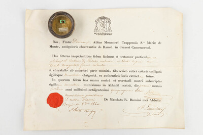 Reliquary - Relic Ex Ossibus Santi Antonii De Padua. With Original Document en Brass / Glass / Wax Seal, Belgium  19 th century ( Anno 1858 )