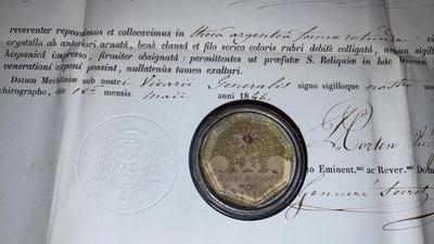 Reliquary - Relic Ex Ossibus St. Donatus With Original Document en Brass / Glass / Wax Seal, Mechelen - Belgium 19 th century ( Anno 1846 )