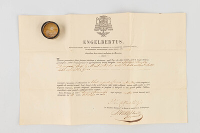 Reliquary - Relic Ex Ossibus St. Dymphna V.M. With Original Document en Brass / Glass / Wax Seal, Belgium  19 th century
