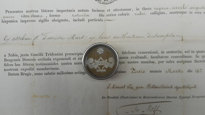 Reliquary - Relic Ex Ossibus St. Dyonisius With Original Document en Brass / Glass / Wax Seal, Belgium  19 th century