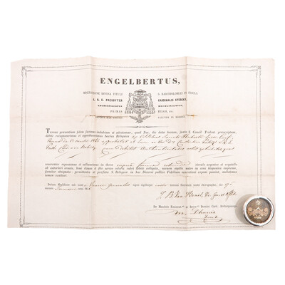 Reliquary - Relic Ex Ossibus St. Hubertus With Original Document en Brass / Glass / Wax Seal, 19 th century