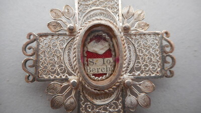 Reliquary - Relic Ex Ossibus St. Joannes Berchmans With Original Document en Full - Silver / Glass / Originally Sealed, 19th century
