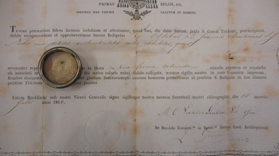 Reliquary - Relic Ex Ossibus St. Joannis Berchmans With Original Document  en Brass / Glass / Wax Seal, Belgium 19 th century