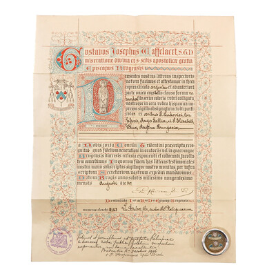 Reliquary - Relic Ex Ossibus St. Louis & St. Elisabeth Of Hungary With Original Document en Brass / Glass / Wax Seal, 19 th century