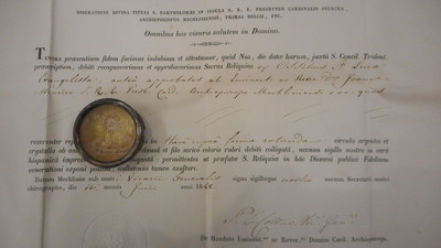 Reliquary - Relic Ex Ossibus St. Lucas With Original Document en Brass / Glass / Wax Seal, Belgium 19 th century