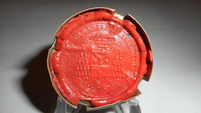Reliquary - Relic Ex Ossibus St. Lucas With Original Document en Brass / Glass / Wax Seal, Belgium 19 th century