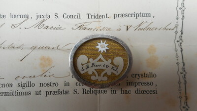 Reliquary - Relic Ex Ossibus St. Maria Francesca With Original Document en Brass / Glass / Wax Seal, Belgium  19 th century