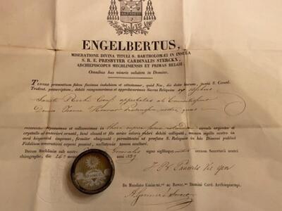 Reliquary - Relic Ex Ossibus St. Rochus With Original Document en Brass / Glass / Wax Seal, Belgium  19 th century ( Anno 1839 )