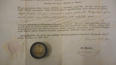 Reliquary - Relic  Ex Ossibus St. Victoris With Original Document en Brass / Glass / Wax Seal, Belgium 19 th century