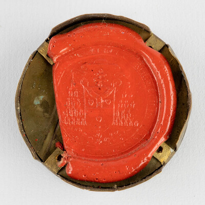 Reliquary - Relic Ex Ossibus Unius Sanctorum Martyrum Gorcomiensium With Original Document en Brass / Glass / Wax Seal, Belgium  19 th century