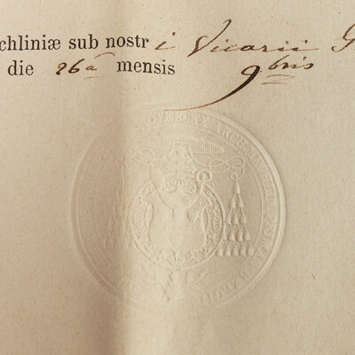 Reliquary - Relic Ex Ossibus Unius Sanctorum Martyrum Gorcomiensium With Original Document en Brass / Glass / Wax Seal, Belgium  19 th century