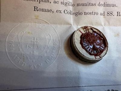 Reliquary - Relic Ex Veste St. Alphonsus With Original Document. en Brass / Glass / Wax Seal, Italy  19 th century ( Anno 1888 )