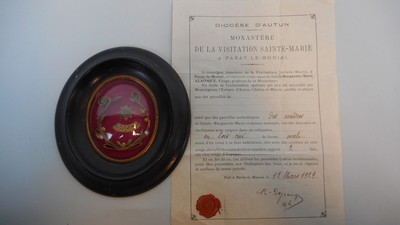 Reliquary - Relic Margaretha Maria Alacoque With Original Document en Wood / Glass / Originally Sealed, Belgium 19 th century