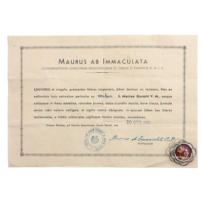 1  Reliquary - Relic Saint Maria Goretti, Virgin And Martyr (Patroness Of Youth, Chastity, And Victims Of Sexual Violence) With Original Document