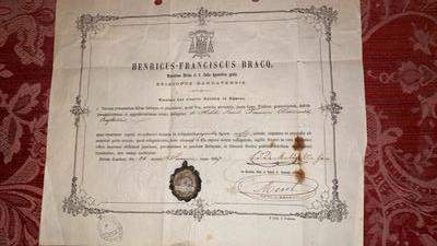 Reliquary - Relic St. Franciscus Ass. Ex Habitu With Original Document en Silver, Belgium 19th century ( anno 1867 )