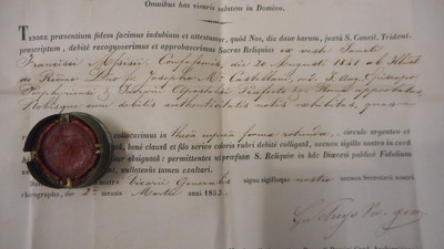 1  Reliquary - Relic St. Franciscus Ass. Ex Veste With Original Document