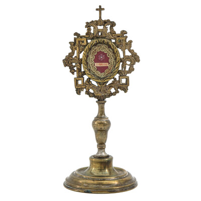 Reliquary - Relic St. Petrus. en Brass / Bronze / Glass, Belgium  19 th century